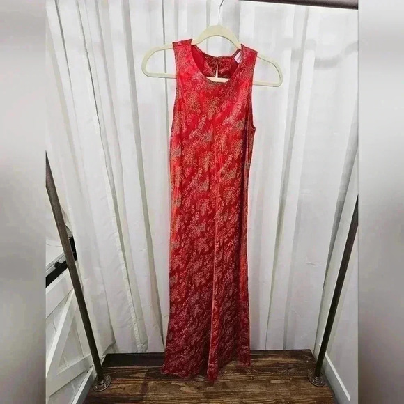 Vintage 90s Breakin Loose Asian Print Red Sleeveless Maxi Dress - Picture 1 of 11